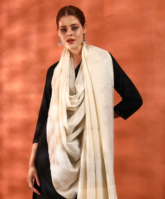 Kanidar - Women's Silver Gold Wool, Zari Blend Taj Dour |Truly Elegant (Size: 100*200 cm)