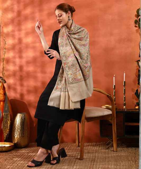 Kanidar- Kalamkari Peacock Special Pashmina Wool Jama Jall Free special Box