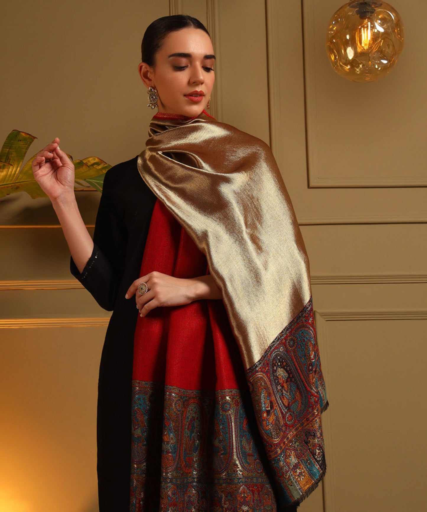 Kanidar- Rversible Mughal Palla Stole With one Side Shimmer and One side Wool