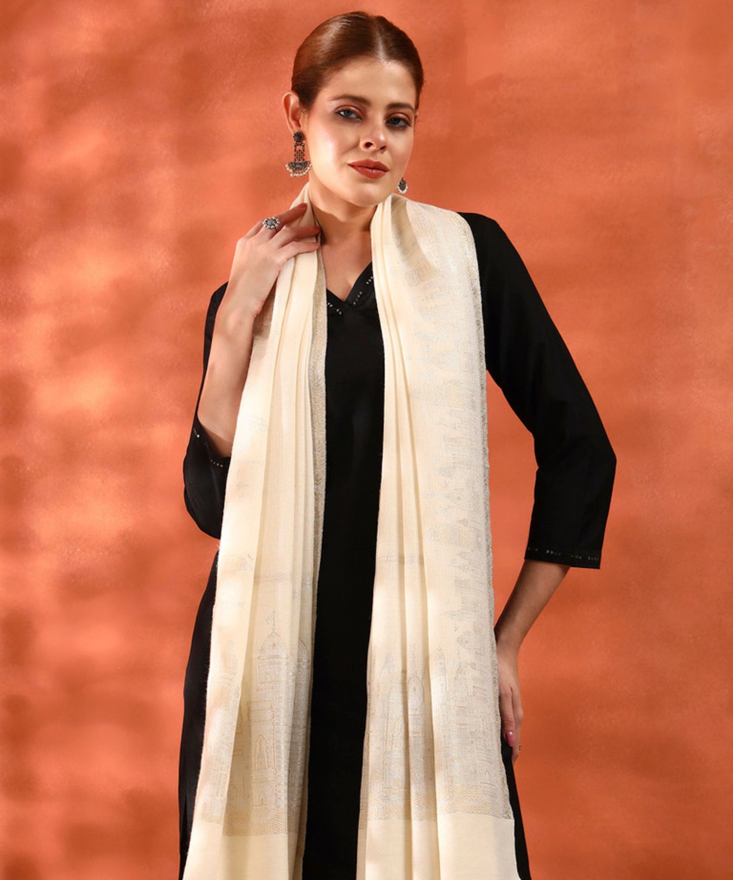 Kanidar - Women's Silver Gold Wool, Zari Blend Taj Dour |Truly Elegant   (Size: 100*200 cm)