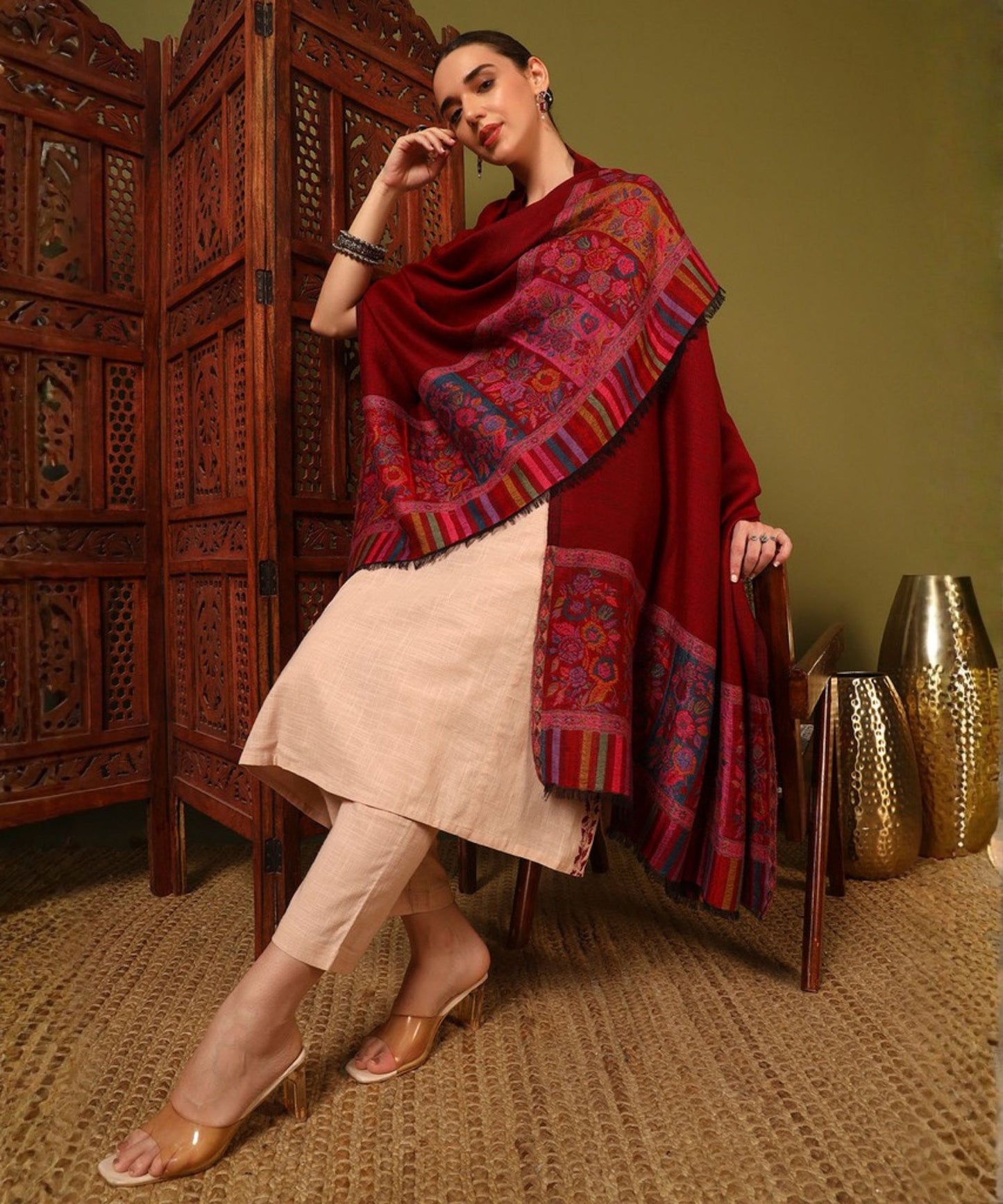 Kanidar- Women's Reversible Kashmiri Antique Weave Palla With one side Zari Touch