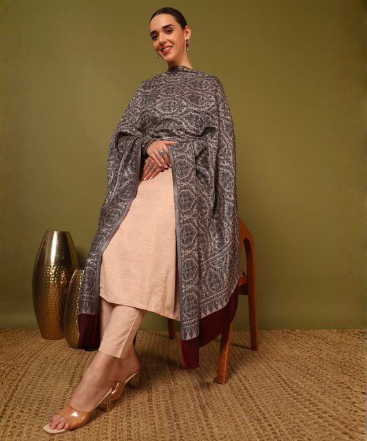 Kanidar- Women's  Barik All Over silken Kashmiri Jamdani Shawl