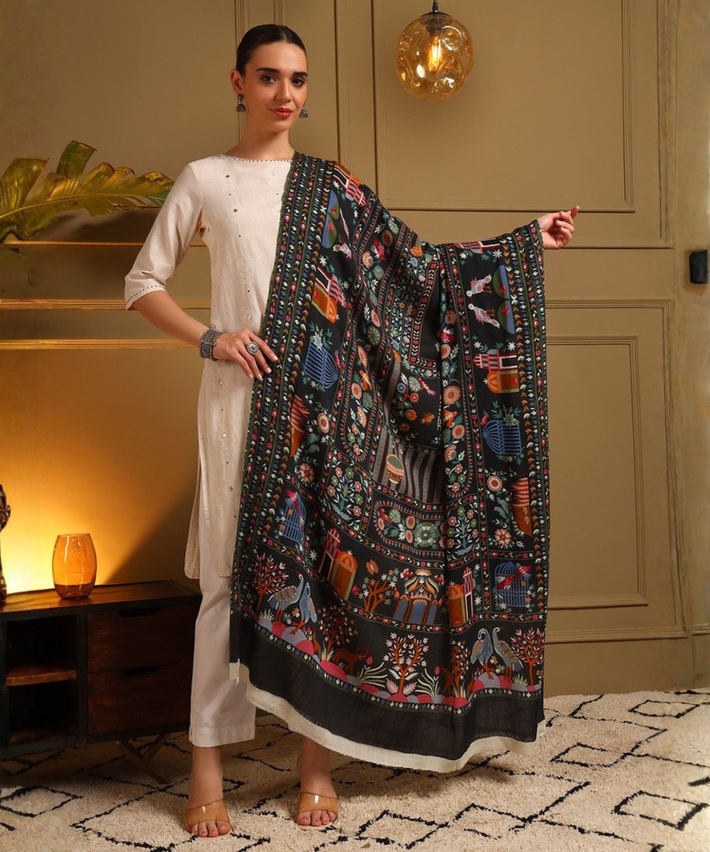 Kanidar- Pure  Wool Bird Garden Designer Shawl For Special Occassions