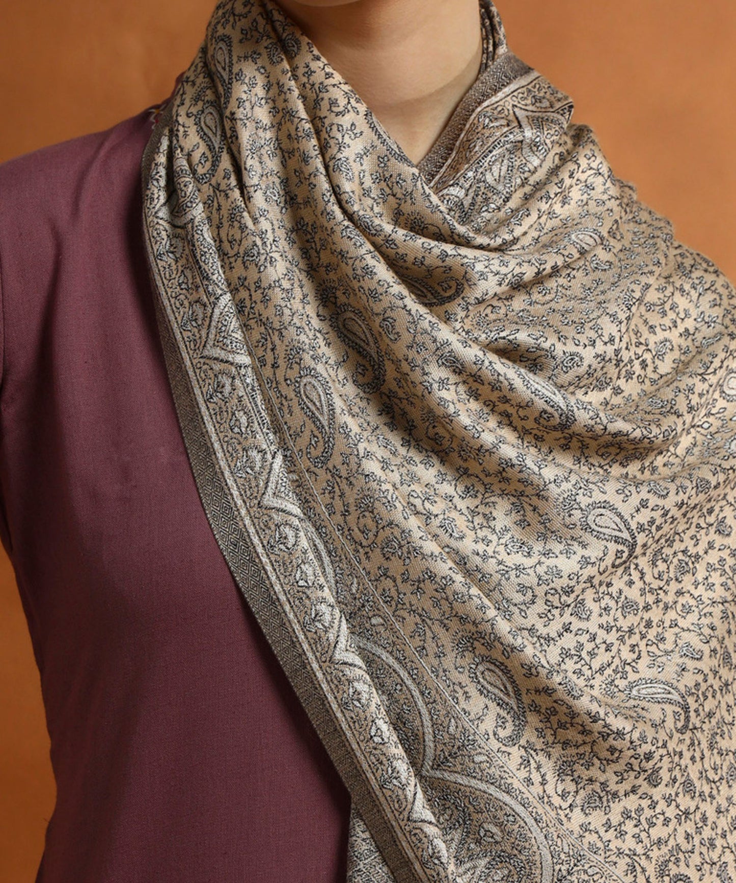 Kanidar-  Women's Silken Stole| All Over Badami Jall Traditional Kashmiri Style (Add Box with Additional Cost)