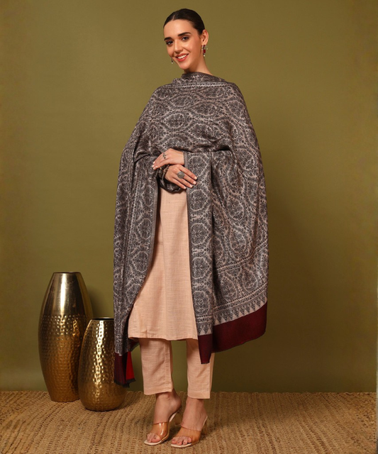 Kanidar- Women's  Barik All Over silken Kashmiri Jamdani Shawl