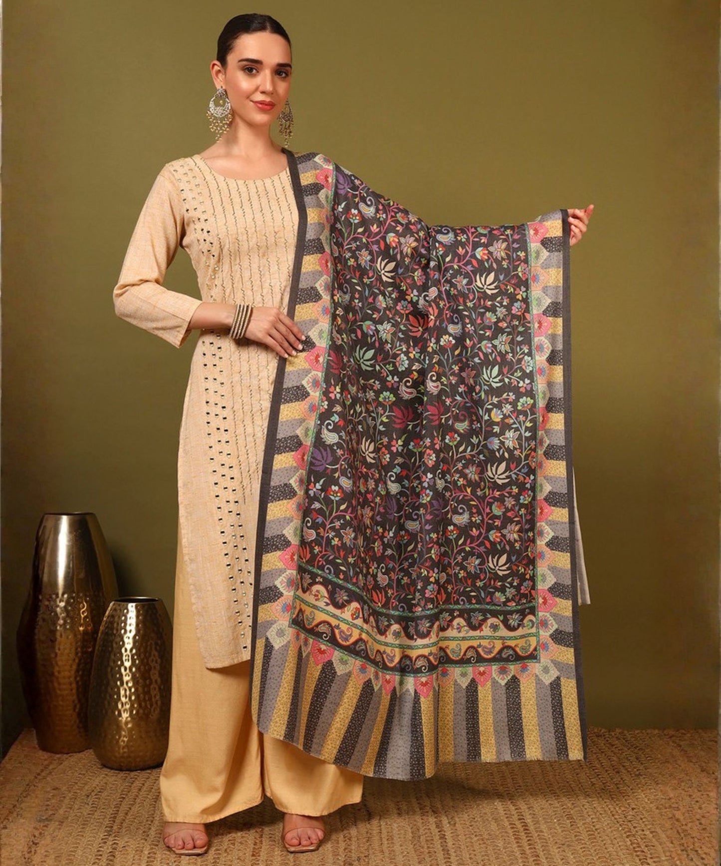 Kanidar- Women's kalamkari Print with Lehar Palla and Leaf Border