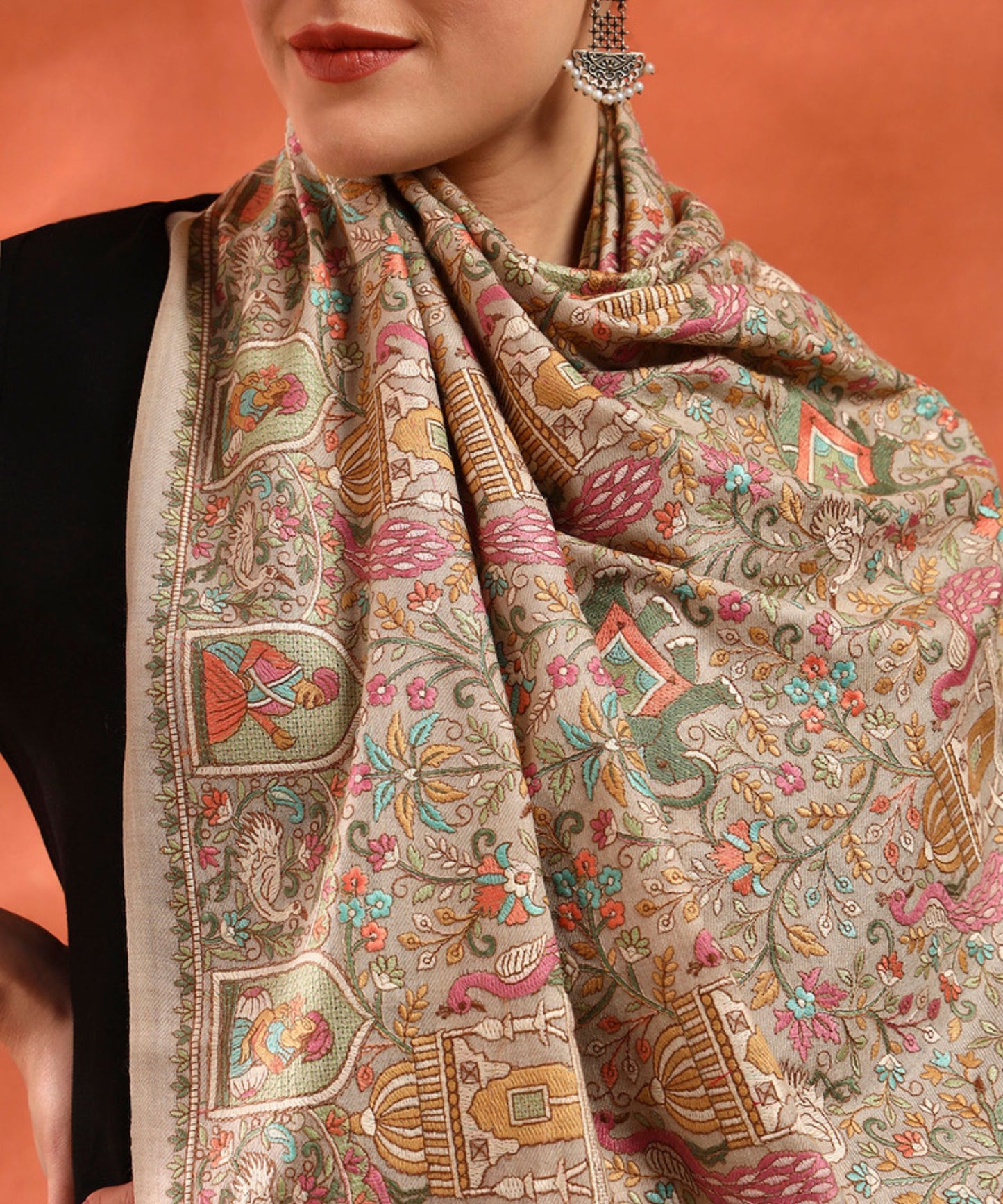 Kanidar- Kalamkari Peacock Special Pashmina Wool Jama Jall Free special Box