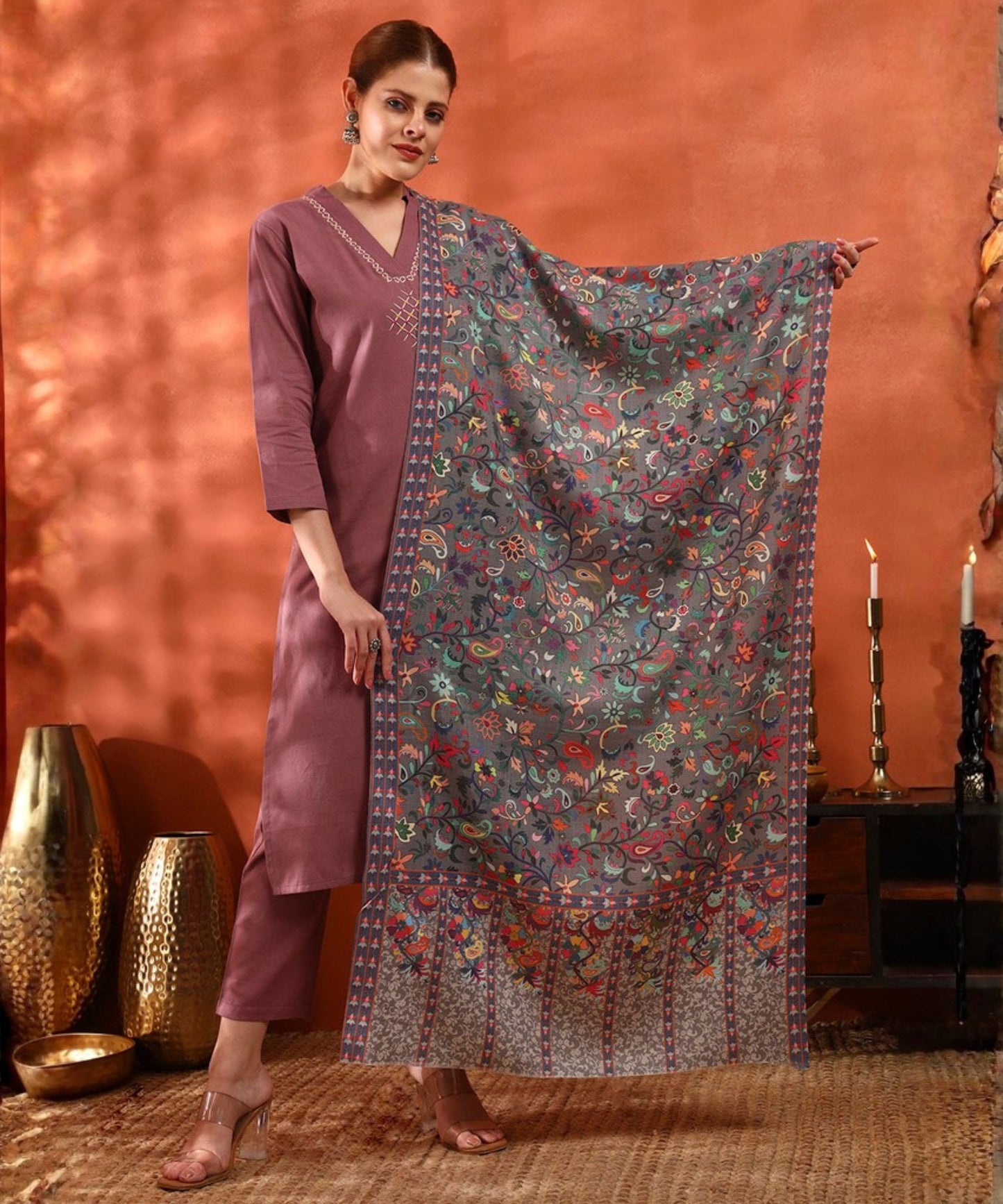 Kanidar- Women Kalamkari Print Multi Coloured Woolen Stole