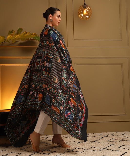 Kanidar- Pure  Wool Bird Garden Designer Shawl For Special Occassions