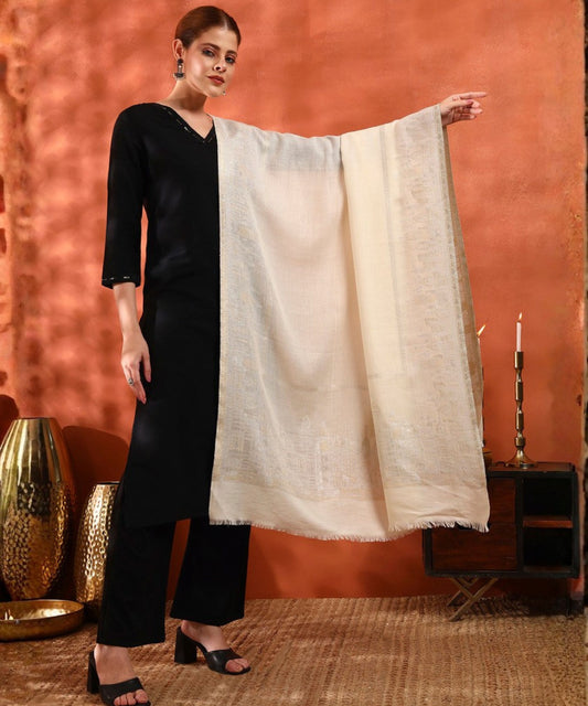 Kanidar - Women's Silver Gold Wool, Zari Blend Taj Dour |Truly Elegant   (Size: 100*200 cm)