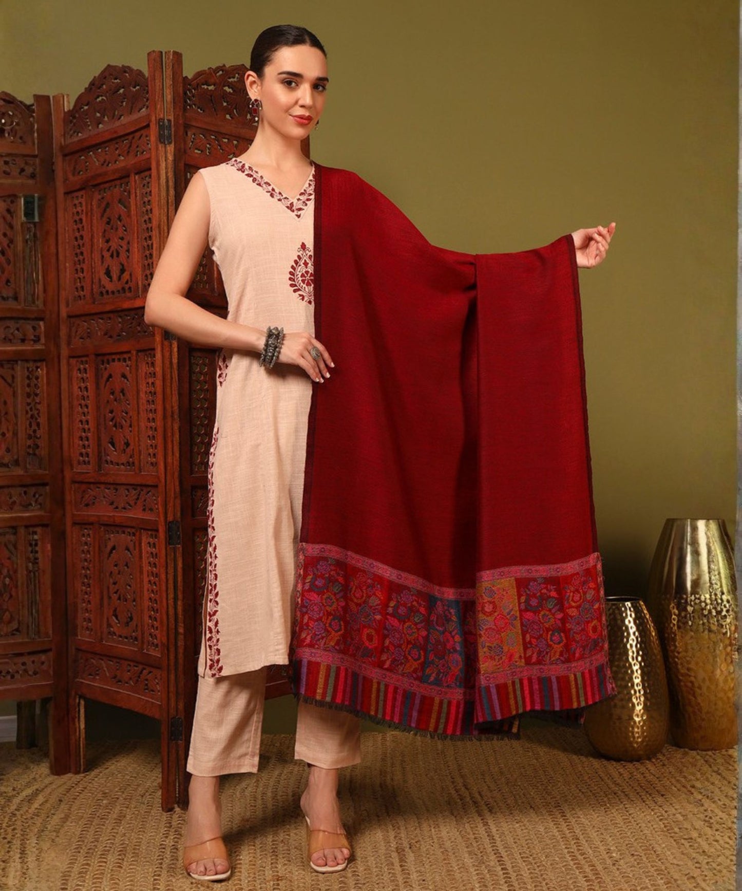 Kanidar- Women's Reversible Kashmiri Antique Weave Palla With one side Zari Touch