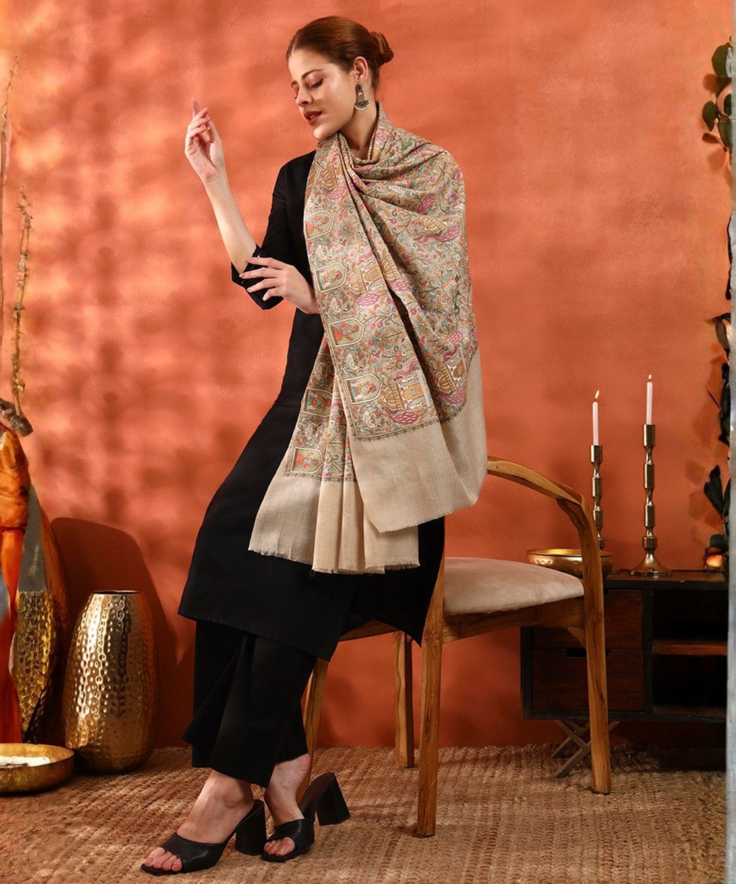 Kanidar- Kalamkari Peacock Special Pashmina Wool Jama Jall Free special Box