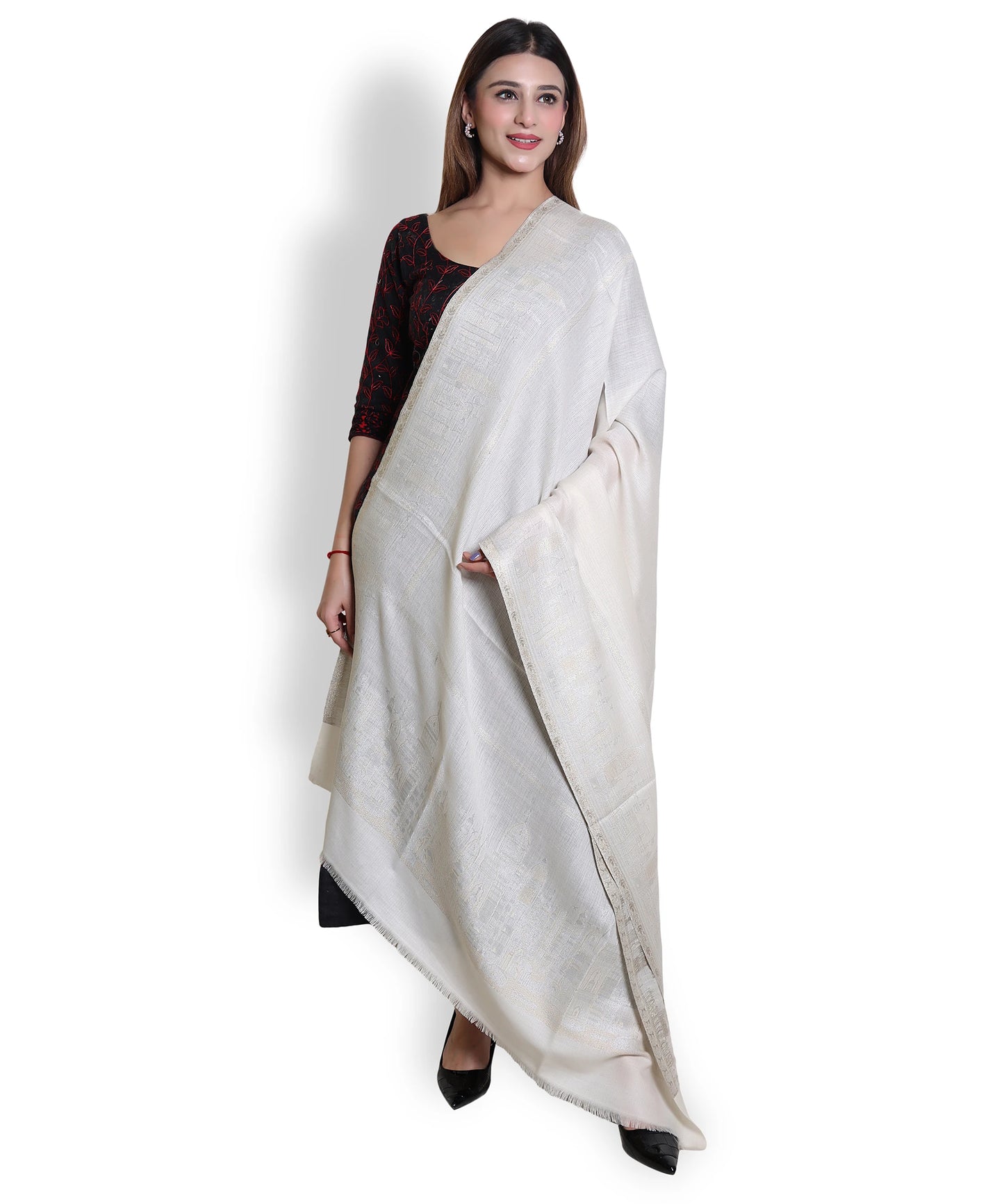 Kanidar - Women's Silver Gold Wool, Zari Blend Taj Dour |Truly Elegant   (Size: 100*200 cm)