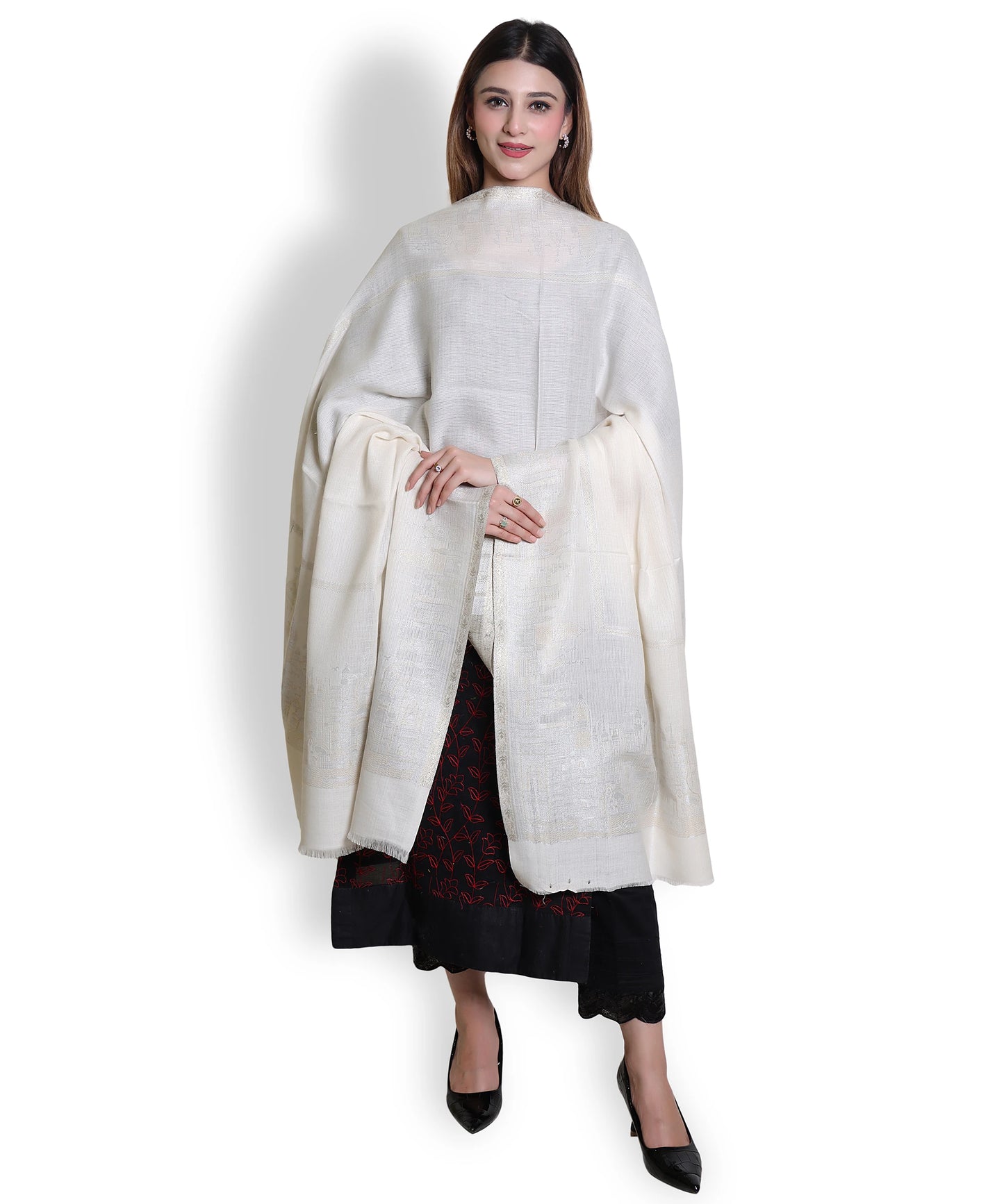 Kanidar - Women's Silver Gold Wool, Zari Blend Taj Dour |Truly Elegant   (Size: 100*200 cm)