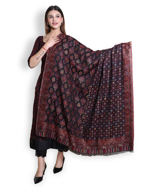 Kanidar - Women's kani Wool, Allover Gulposh Jall with Golden Zari Outline  (Size: 100*200 cm)