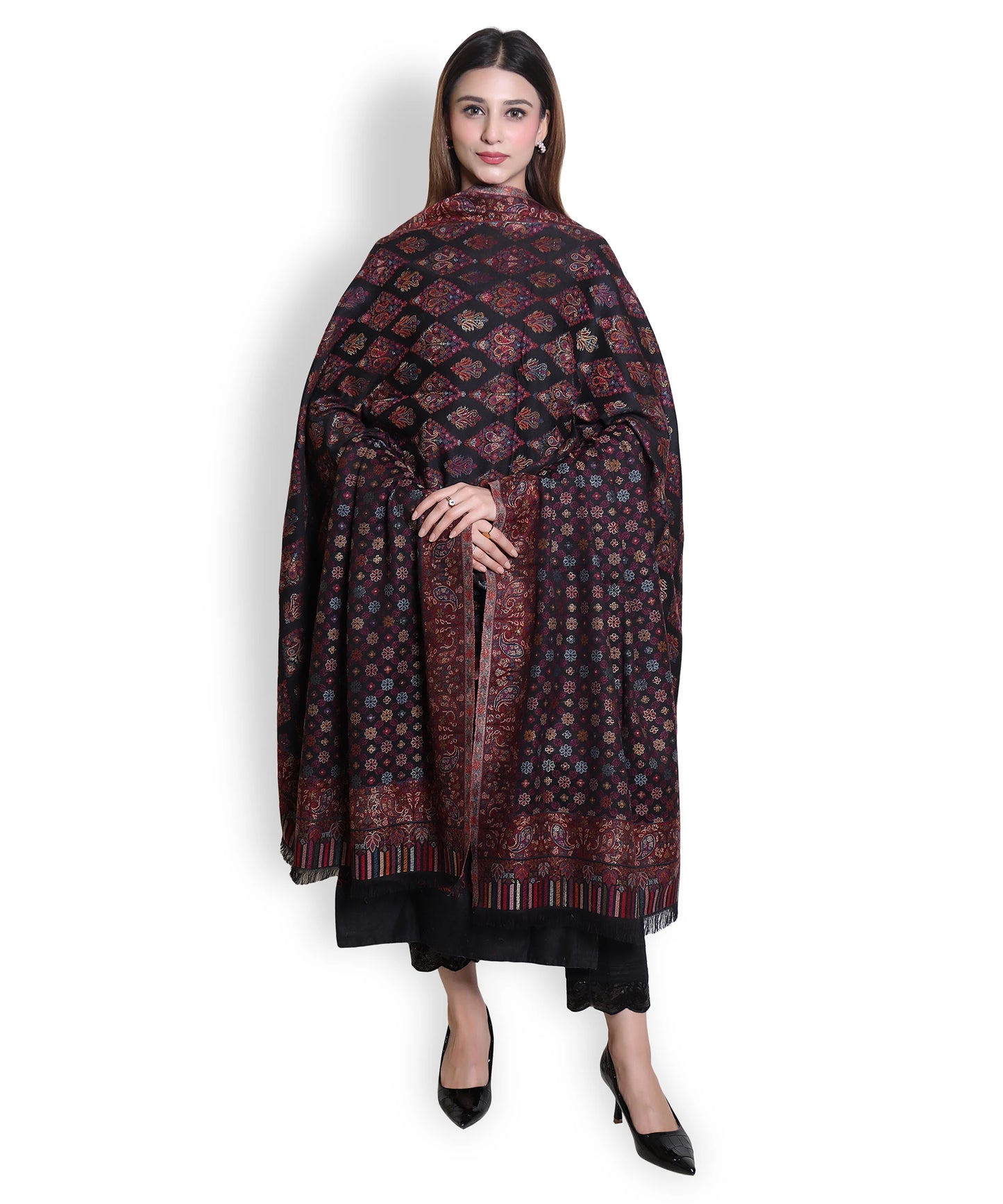 Kanidar - Women's kani Wool, Allover Gulposh Jall with Golden Zari Outline  (Size: 100*200 cm)