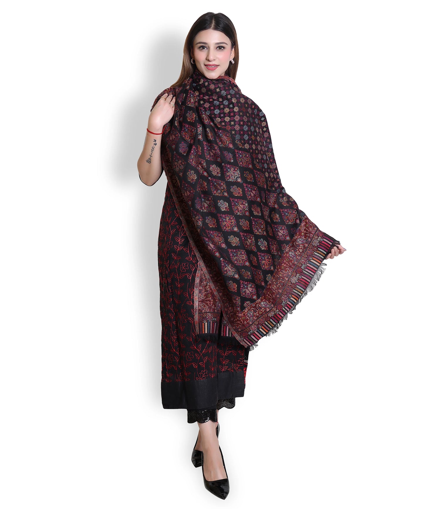 Kanidar - Women's kani Wool, Allover Gulposh Jall with Golden Zari Outline  (Size: 100*200 cm)