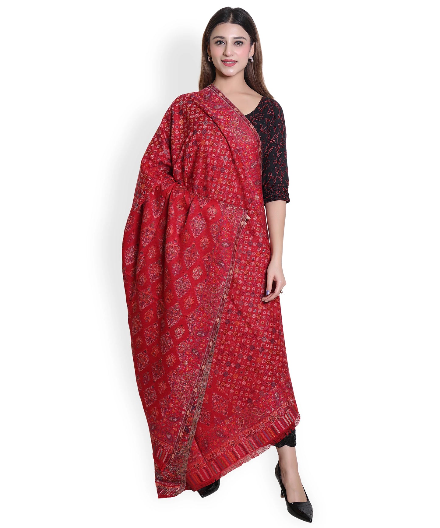 Kanidar - Women's kani Wool, Allover Gulposh Jall with Golden Zari Outline  (Size: 100*200 cm)