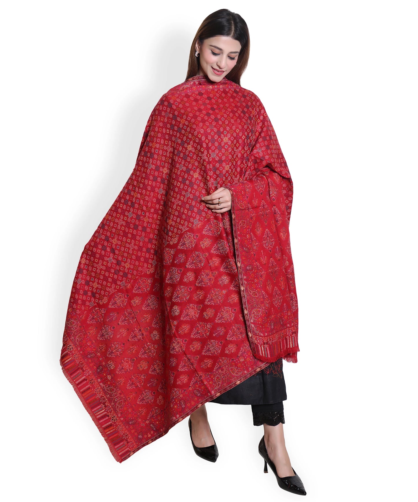 Kanidar - Women's kani Wool, Allover Gulposh Jall with Golden Zari Outline  (Size: 100*200 cm)