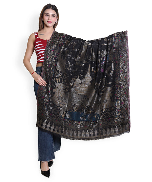 Kanidar - Women's Kani Wool, Silver Gold Ethnic Allover jamawar  (Size: 100*200 cm)