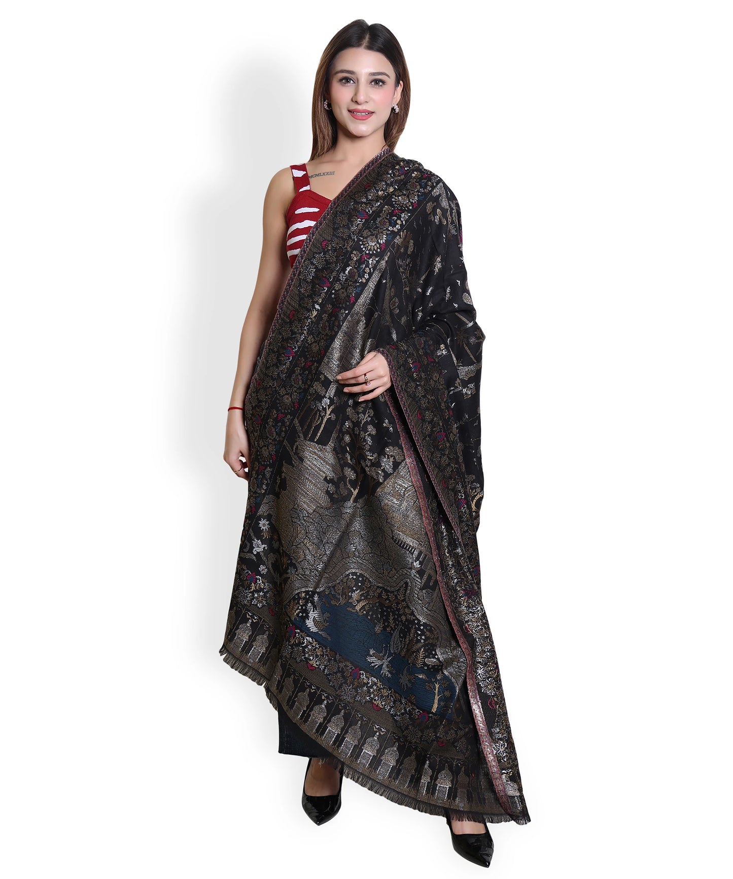 Kanidar - Women's Kani Wool, Silver Gold Ethnic Allover jamawar  (Size: 100*200 cm)