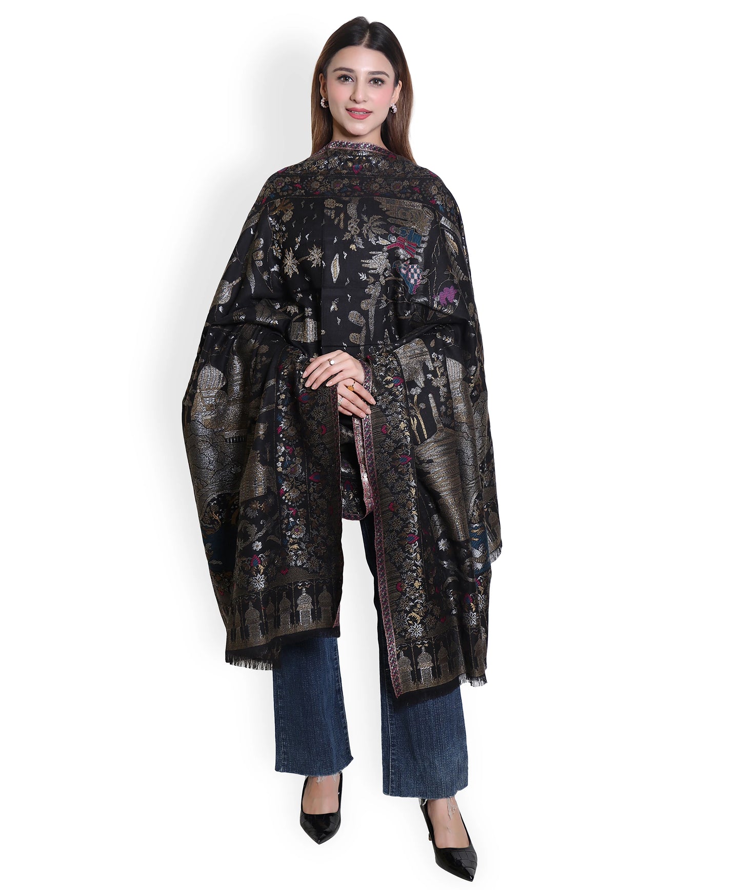 Kanidar - Women's Kani Wool, Silver Gold Ethnic Allover jamawar  (Size: 100*200 cm)
